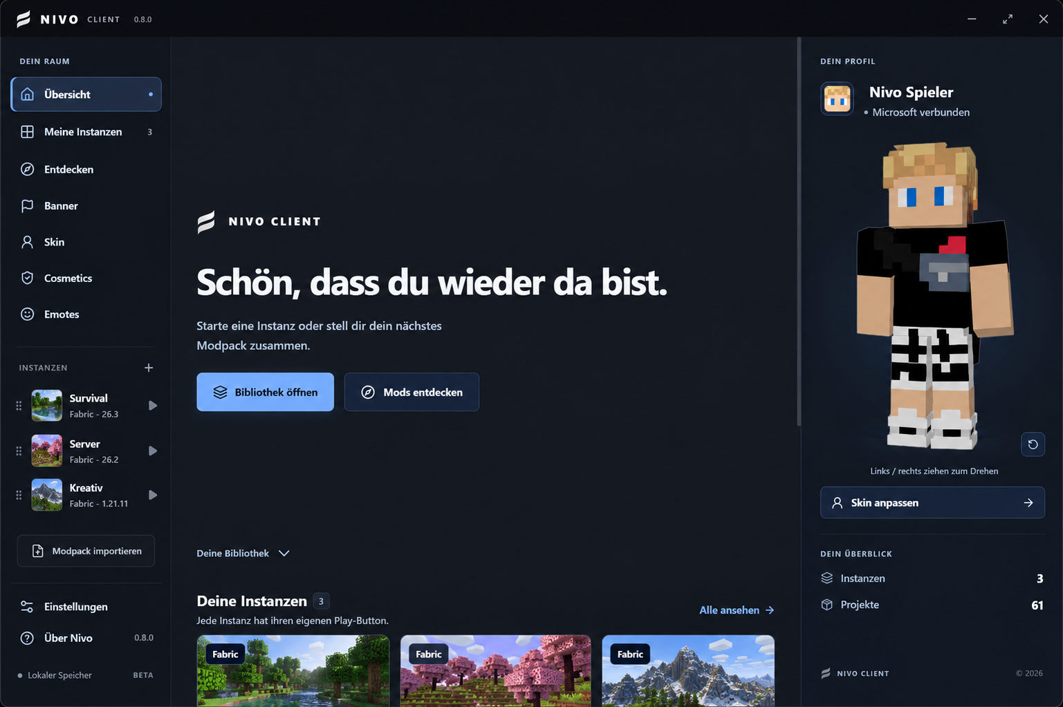 Nivo Launcher mit Instanzen, Modsuche, Banner, Skins und Cosmetics. Beispieldaten statt privater Kontonamen.
